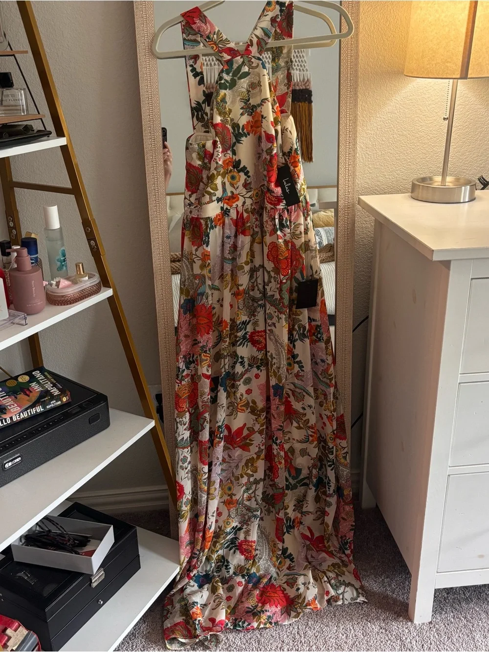 New! Lulu's Lilja Cream Floral Print Halter Maxi Dress Sz L - Picture 4 of 10